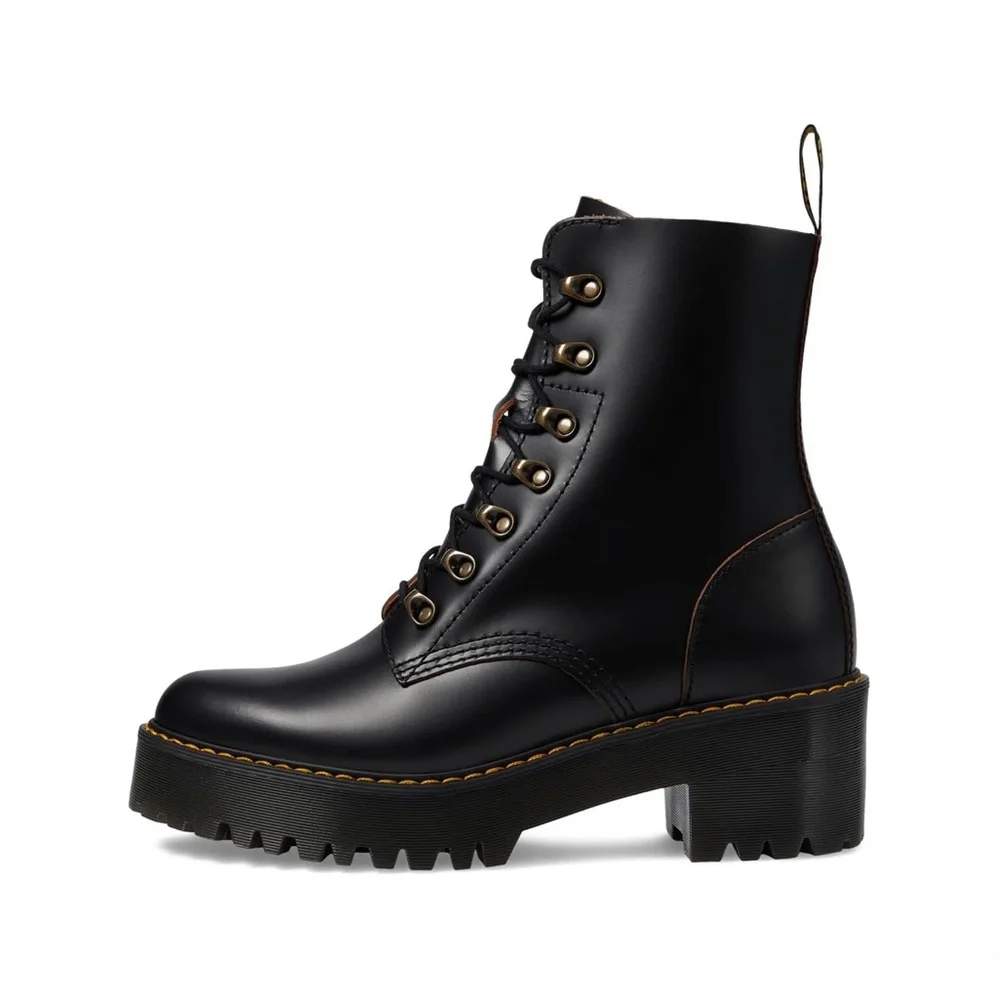 Dr Martens Leona Nubuck Leather Platform Combat Boots Woman Black NEW - Picture 4 of 9